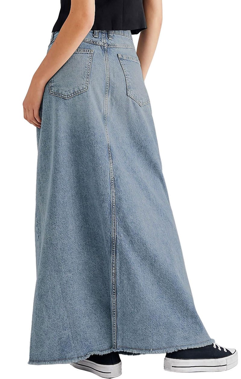 CHARTOU Women Vintage Denim Maxi Skirt Frayed Raw Hem High Waist A-Line Long Jean Skirt (Large, Light Blue) - Image 2
