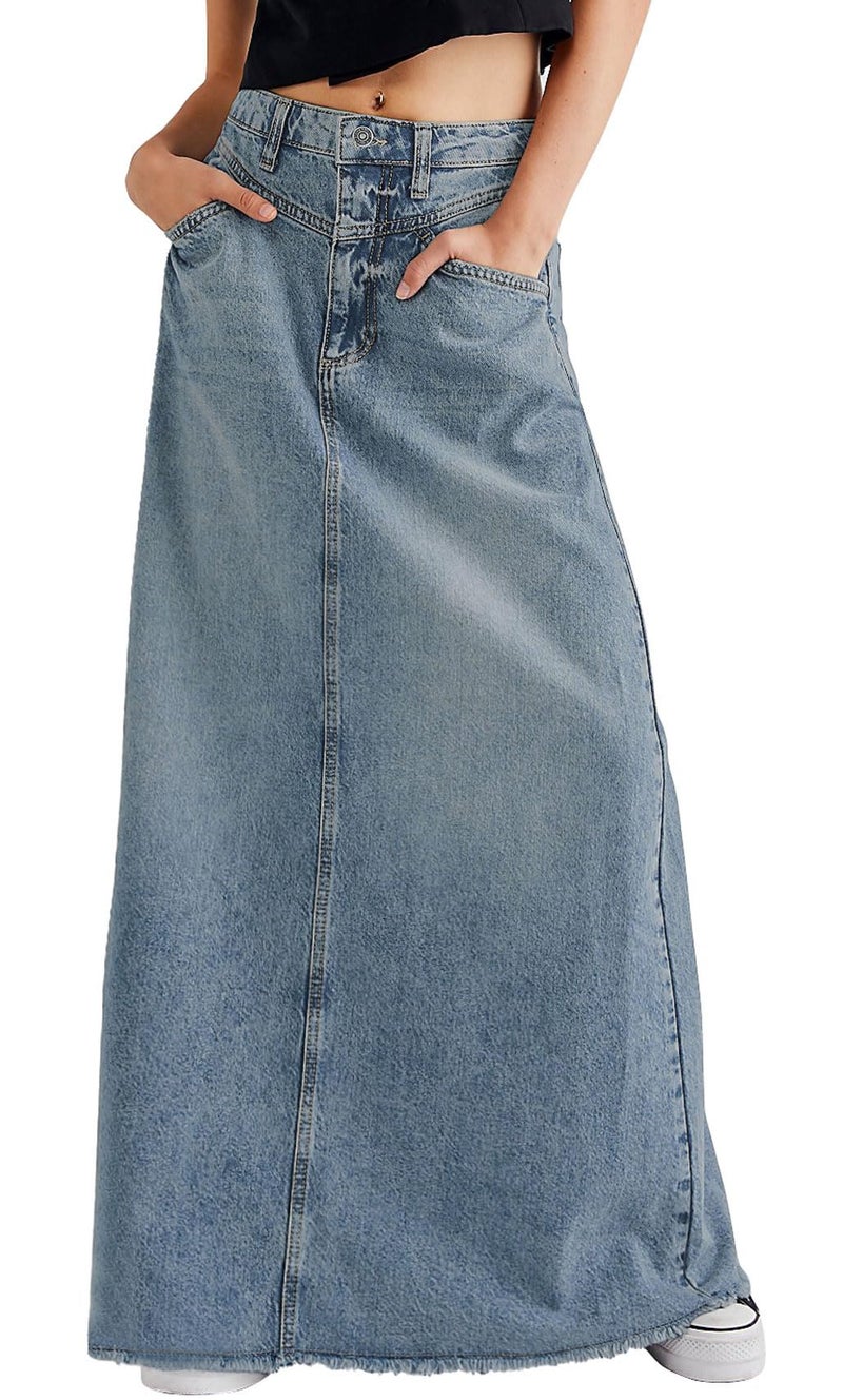 CHARTOU Women Vintage Denim Maxi Skirt Frayed Raw Hem High Waist A-Line Long Jean Skirt (Large, Light Blue) - Image 1