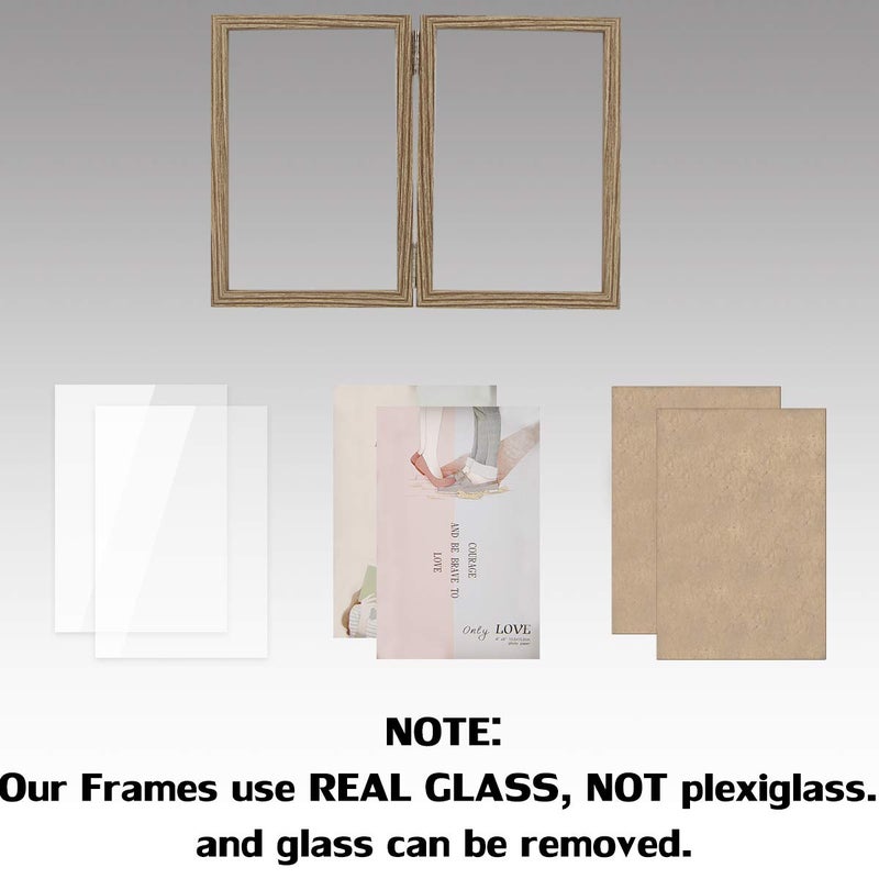 WUTL 5x7 Double Picture Frames Hinged Wood Grain with Real Glass Stand Vertical on Tabletop - Image 2