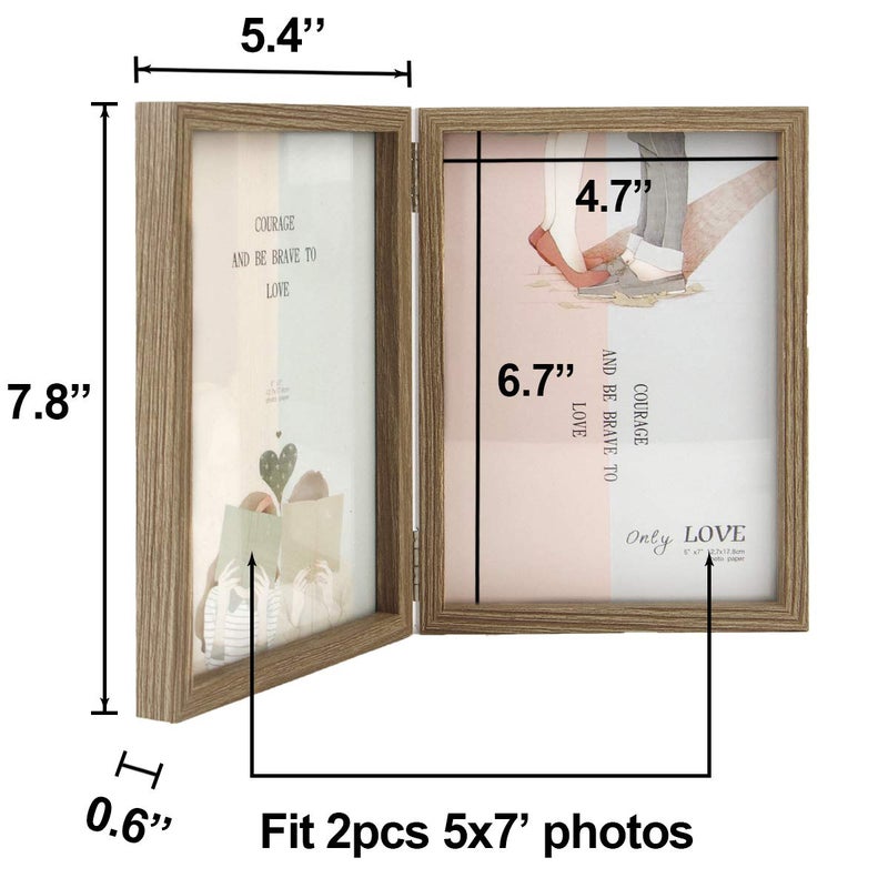 WUTL 5x7 Double Picture Frames Hinged Wood Grain with Real Glass Stand Vertical on Tabletop - Image 3