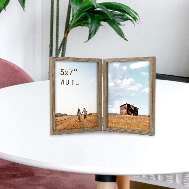WUTL 5x7 Double Picture Frames Hinged Wood Grain with Real Glass Stand Vertical on Tabletop - Image 5