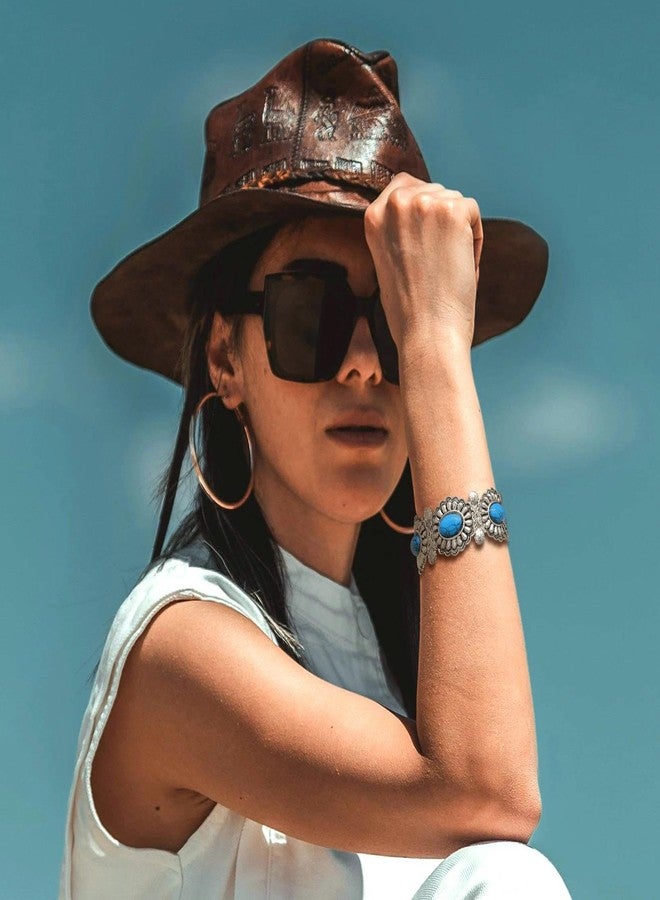 RechicGu Western Turquoise Color Cuff Bracelet for Women Adjustable Boho Bracelet Cowgirl Chic Vintage Concho Bangle Chunky Blue Turquoise Howlite Cuffs Country Concert Outfit Western Gift - Image 5