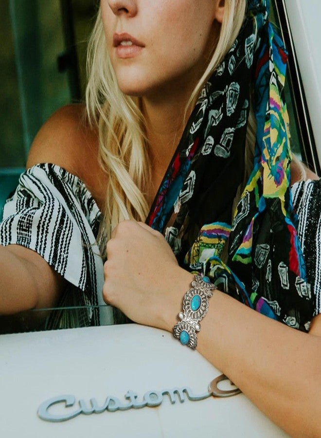 RechicGu Western Turquoise Color Cuff Bracelet for Women Adjustable Boho Bracelet Cowgirl Chic Vintage Concho Bangle Chunky Blue Turquoise Howlite Cuffs Country Concert Outfit Western Gift - Image 4