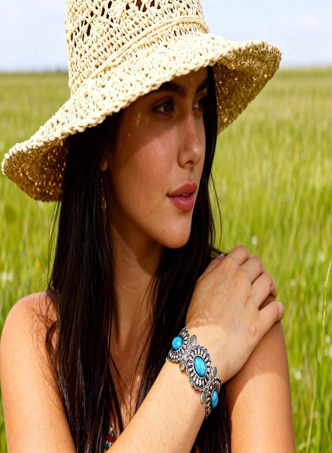 RechicGu Western Turquoise Color Cuff Bracelet for Women Adjustable Boho Bracelet Cowgirl Chic Vintage Concho Bangle Chunky Blue Turquoise Howlite Cuffs Country Concert Outfit Western Gift - Image 3