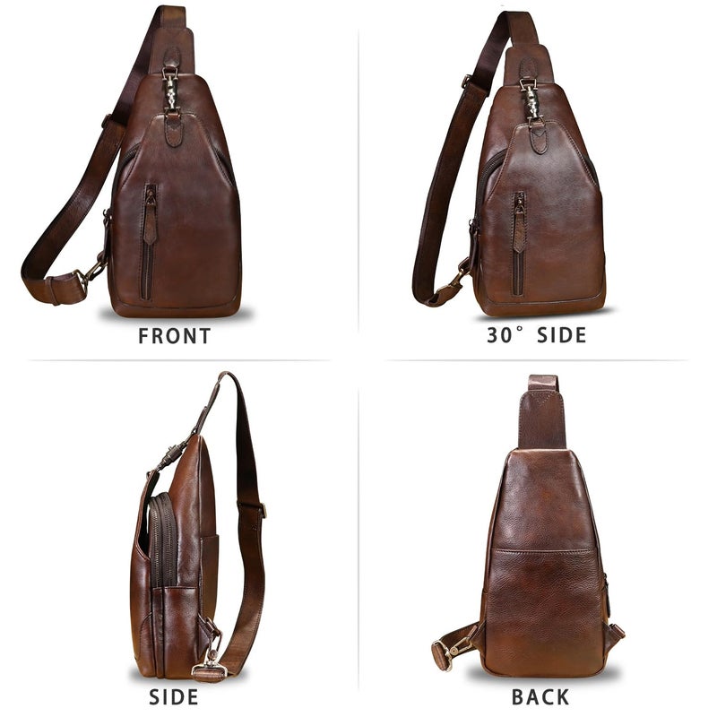 LRTO Genuine Leather Sling Bag Crossbody Purse Motorcycle Bag Handmade Hiking Daypack Retro Shoulder Backpack Vintage Chest Bag (Coffee) - Image 4