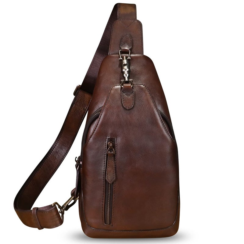 LRTO Genuine Leather Sling Bag Crossbody Purse Motorcycle Bag Handmade Hiking Daypack Retro Shoulder Backpack Vintage Chest Bag (Coffee) - Image 2