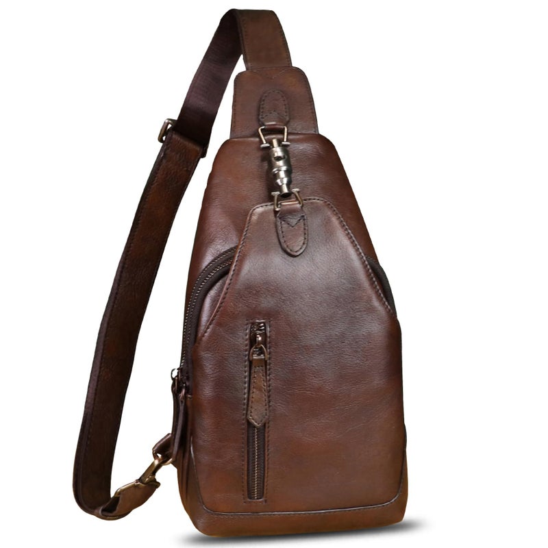 LRTO Genuine Leather Sling Bag Crossbody Purse Motorcycle Bag Handmade Hiking Daypack Retro Shoulder Backpack Vintage Chest Bag (Coffee) - Image 1