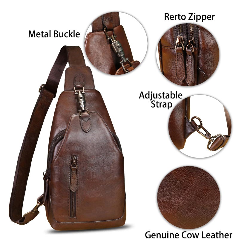 LRTO Genuine Leather Sling Bag Crossbody Purse Motorcycle Bag Handmade Hiking Daypack Retro Shoulder Backpack Vintage Chest Bag (Coffee) - Image 5