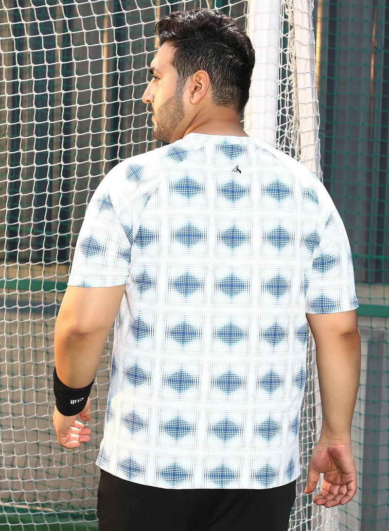 Instafab Plus Instafab Plus Men's Cream White & Indigo Blue Static-Bloc Activewear T-Shirt For Casual Wear | V-Neck | Short Sleeves | Plus Size Jersey T-Shirt Crafted With Comfort Fit For Everyday Wear