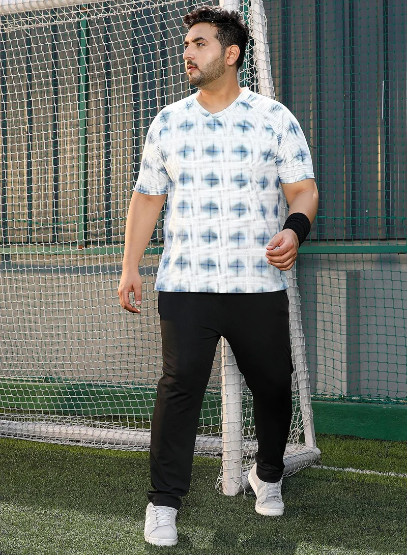 Instafab Plus Instafab Plus Men's Cream White & Indigo Blue Static-Bloc Activewear T-Shirt For Casual Wear | V-Neck | Short Sleeves | Plus Size Jersey T-Shirt Crafted With Comfort Fit For Everyday Wear