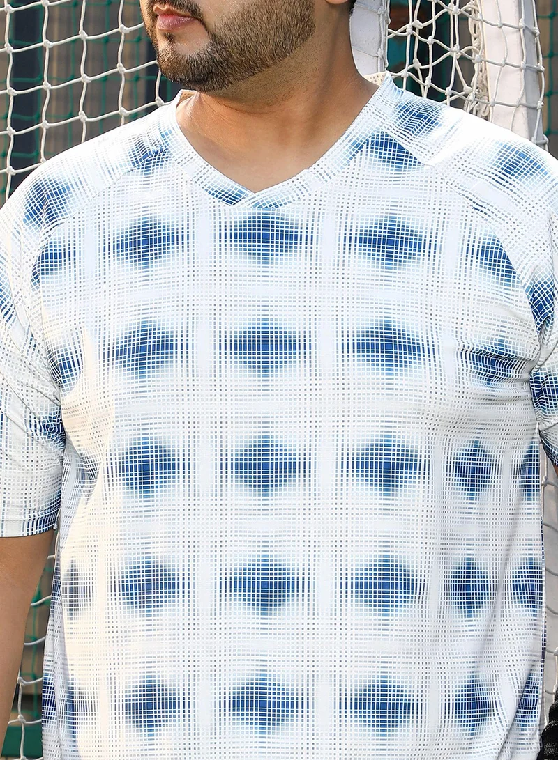 Instafab Plus Instafab Plus Men's Cream White & Indigo Blue Static-Bloc Activewear T-Shirt For Casual Wear | V-Neck | Short Sleeves | Plus Size Jersey T-Shirt Crafted With Comfort Fit For Everyday Wear