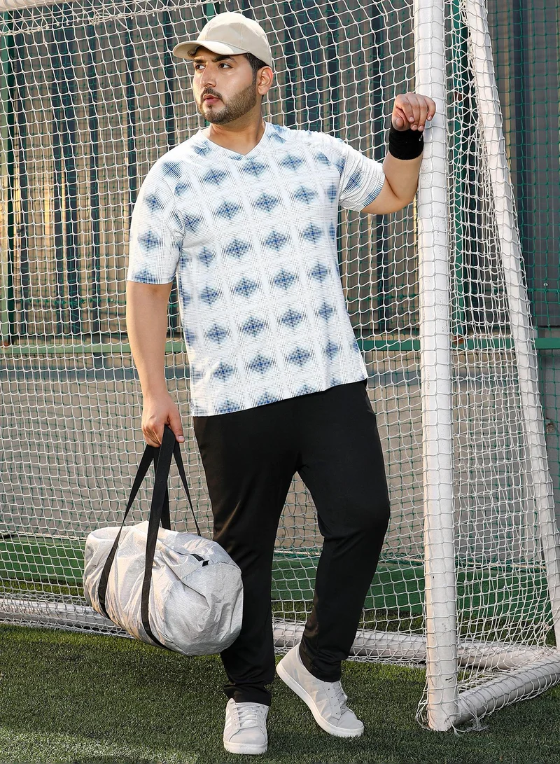 Instafab Plus Instafab Plus Men's Cream White & Indigo Blue Static-Bloc Activewear T-Shirt For Casual Wear | V-Neck | Short Sleeves | Plus Size Jersey T-Shirt Crafted With Comfort Fit For Everyday Wear