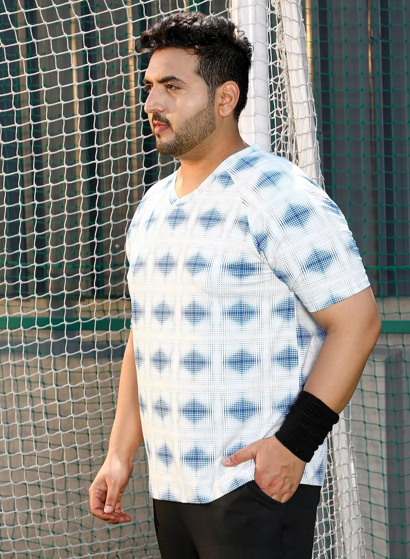 Instafab Plus Instafab Plus Men's Cream White & Indigo Blue Static-Bloc Activewear T-Shirt For Casual Wear | V-Neck | Short Sleeves | Plus Size Jersey T-Shirt Crafted With Comfort Fit For Everyday Wear