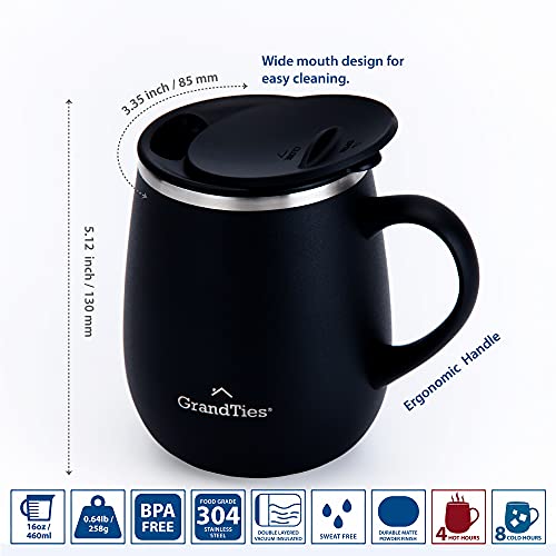 GRANDTIES Insulated Coffee Mug with Handle - Sliding Lid for Splash-Proof 16oz Wine-Glass Shape Thermal Tumbler with Double Walled Vacuum Stainless Steel to Keeps Beverages Hot or Cold-Black - Image 4