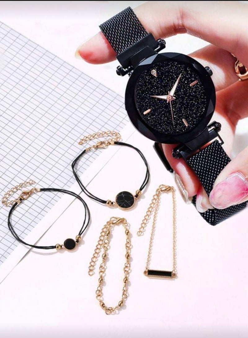 A set of one watch and four bracelets; the watch has a multi-sided dial decorated with rhinestone beads, and four bracelets are included as a gift. - Image 2