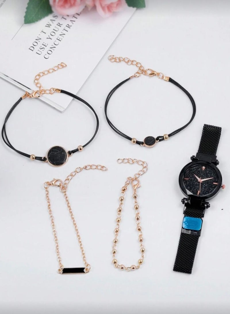 A set of one watch and four bracelets; the watch has a multi-sided dial decorated with rhinestone beads, and four bracelets are included as a gift. - Image 4
