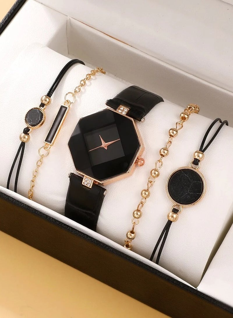 YUCCA 1pcs rhinestone beads polygonal pointer quartz watch and 4 bracelets as a gift for back to school students - Image 2