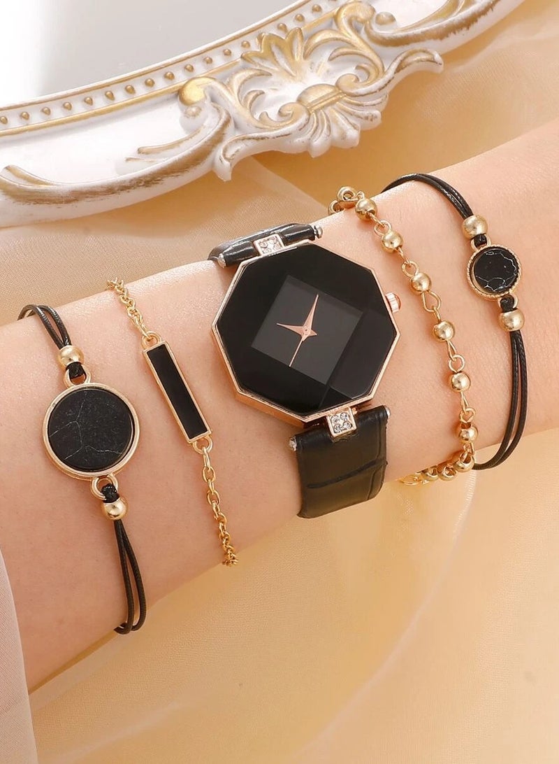 YUCCA 1pcs rhinestone beads polygonal pointer quartz watch and 4 bracelets as a gift for back to school students - Image 1
