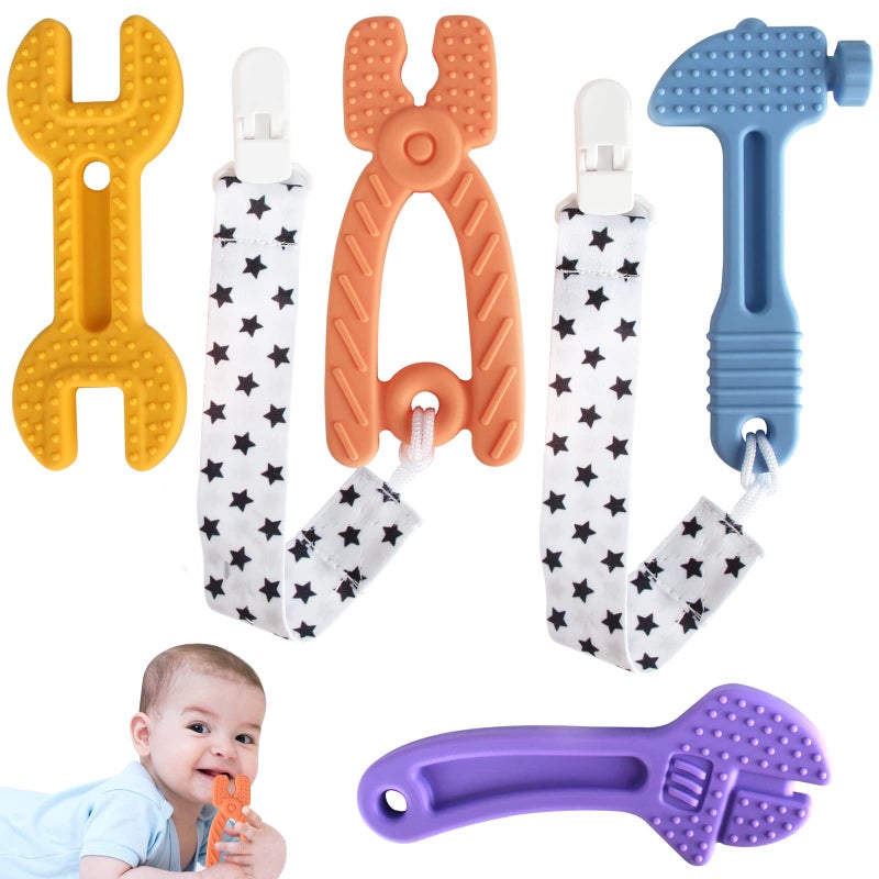 Fu Store 4 Pack Soft Silicone Teething Toys for 012 Months 624 Months Toddlers Infant Hammer Spanner Wrench Pliers Tools Shape Baby Teethers Relief Soothe Babies Gums Set