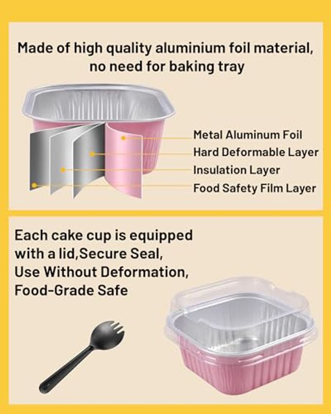 Tikxlafe 50 Pack 5oz Square Mini Cake Pans with Lids and Spoons,Aluminum Foil Baking Cups,Disposable Mini Loaf Pans Ramekins for Brownie, Cheesecake, Mousse & Wedding Party Favors-Pink - Image 2
