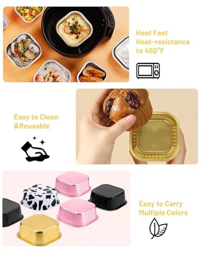 Tikxlafe 50 Pack 5oz Square Mini Cake Pans with Lids and Spoons,Aluminum Foil Baking Cups,Disposable Mini Loaf Pans Ramekins for Brownie, Cheesecake, Mousse & Wedding Party Favors-Pink - Image 3