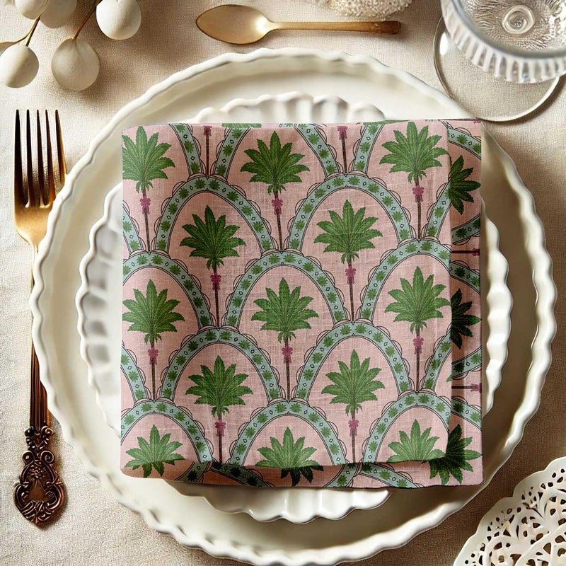Vargottam Pink Cotton Muslin Napkins - Set of 12, 20x20 Inches, Elegant Palm Arch Print, Perfect for Spring Celebrations, Tea Parties, and Daily Dining - Machine Washable - Image 5