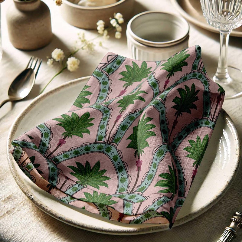 Vargottam Pink Cotton Muslin Napkins - Set of 12, 20x20 Inches, Elegant Palm Arch Print, Perfect for Spring Celebrations, Tea Parties, and Daily Dining - Machine Washable - Image 3