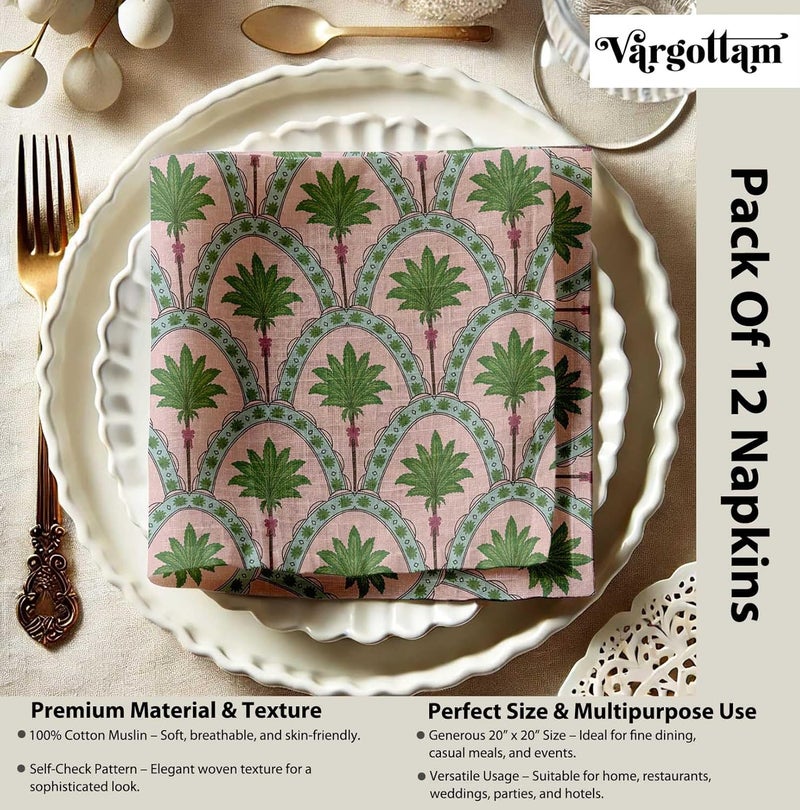 Vargottam Pink Cotton Muslin Napkins - Set of 12, 20x20 Inches, Elegant Palm Arch Print, Perfect for Spring Celebrations, Tea Parties, and Daily Dining - Machine Washable - Image 4