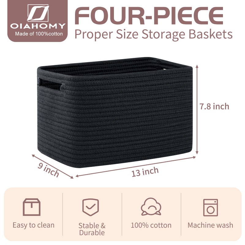 OIAHOMY 4 Pack Storage Baskets for Organizing, Cube Storage Bins for Shelves, Rectangle Storage Baskets With Handles, Woven Baskets for Storage, 12.7''Lx9''Wx7.8''H, Black - Image 2