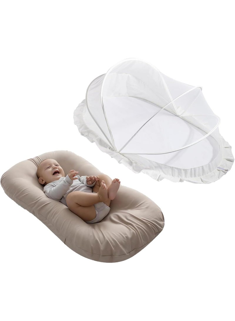 TOMSHOO Baby Lounger with Mosquito Net,Portable Newborn Bassinet,Baby Nest Comfort for Sleeping-Resistant Washable Cover,Simulated Uterus, BABY Bionic Bed For Bedroom (Brown Bassinet+Mosquito Net) - Image 1