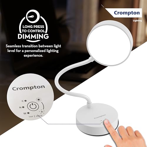 Crompton Deskmate 5W USB Rechargeable LED Desk Lamp | Flexible Neck, Colour-Changing & Smooth Dimming | Flame-Safe Design | Pack of 1 - Image 3