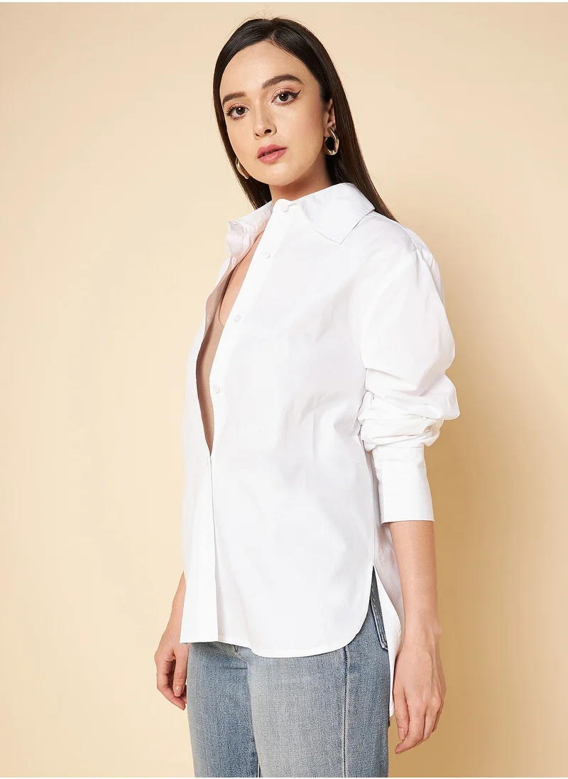 هاي ستار White Boxy Fit Solid Casual Shirt for Women, Cotton