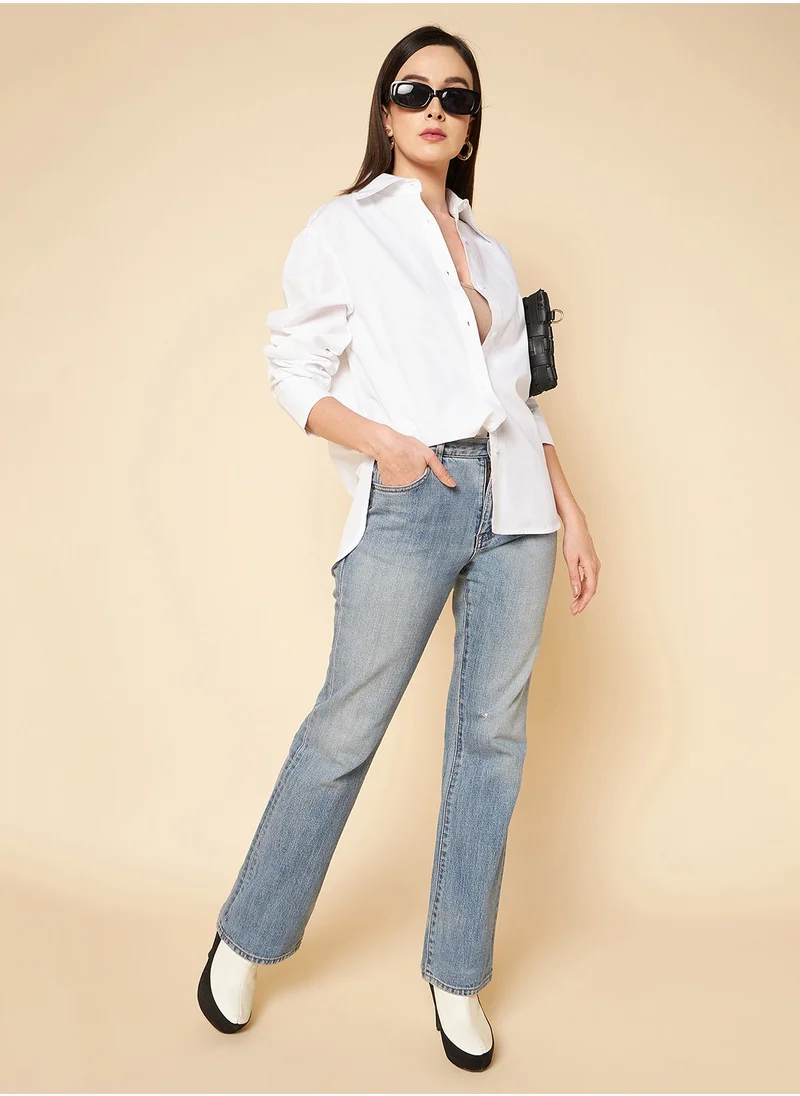 HIGH STAR White Boxy Fit Solid Casual Shirt for Women, Cotton