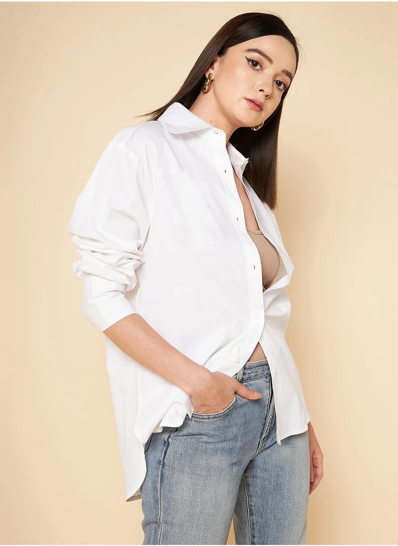 هاي ستار White Boxy Fit Solid Casual Shirt for Women, Cotton