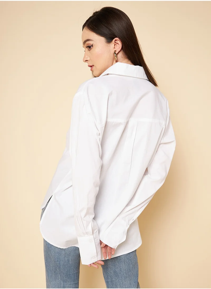 هاي ستار White Boxy Fit Solid Casual Shirt for Women, Cotton