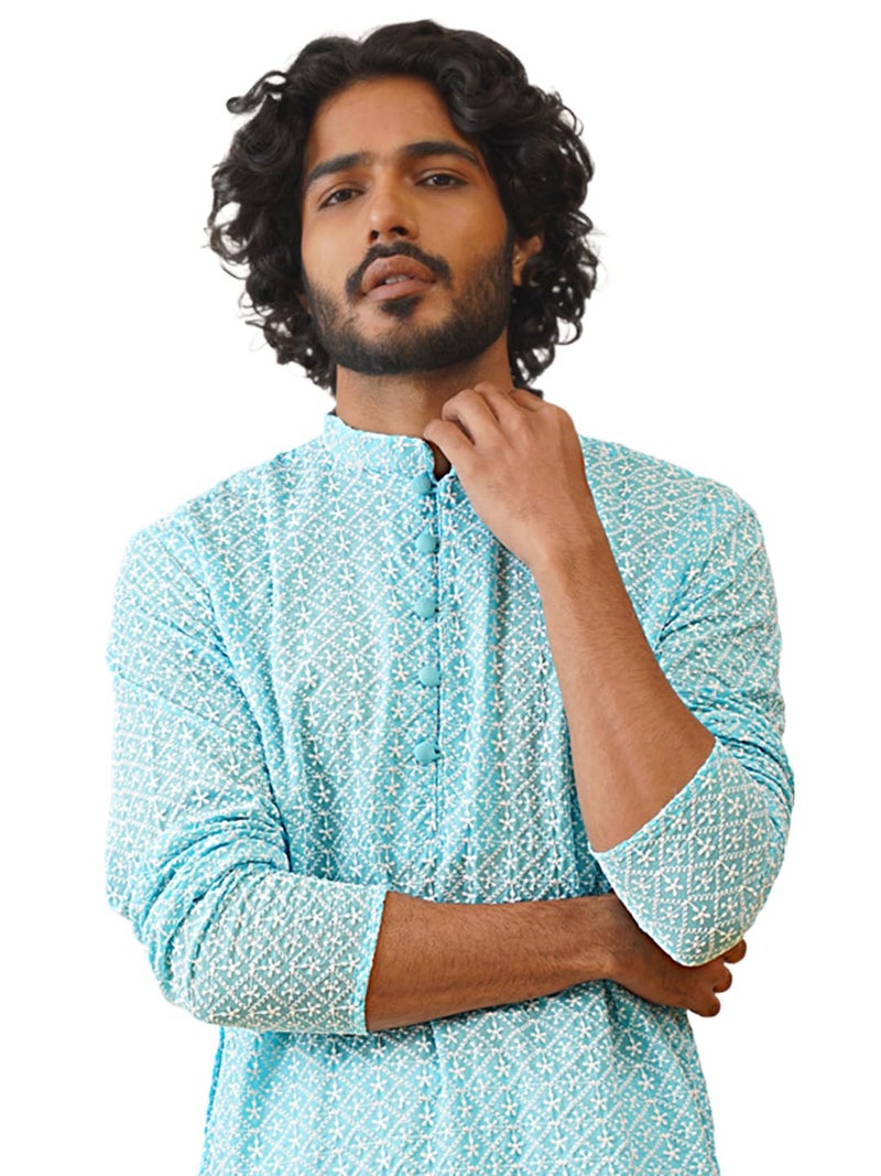 Jompers Men Sky Chikankari Embroidered Kurtas (Sky, L) - Image 1