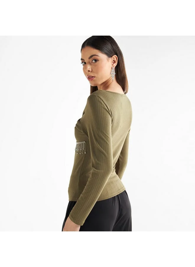 Splash FAV Embellished V-neck T-shirt with Long Sleeves