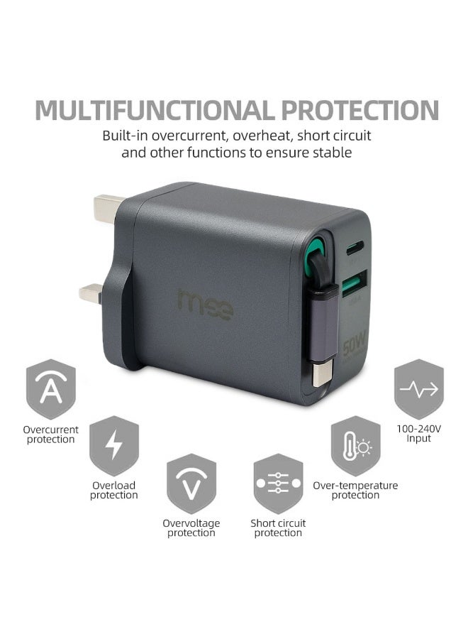 آیمی شاحن iMEE Plus السريع بقوة 50 وات مع كابل PD قابل للسحب - 650 مم، منفذي USB مزدوجين (USB-C وUSB-A)، حماية من التيار الزائد والسخونة الزائدة، متوافق مع أجهزة iPhone وiPad وMacBook والمزيد - Image 4