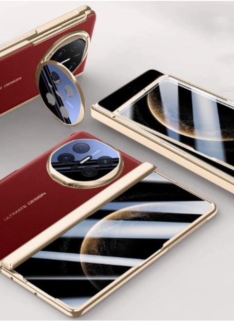 Applicable To Huawei Mate X6 Mobile Phone Case Electroplated Leather Grain Hinge Fine Hole Lens Bracket Protective Cover Folding Screen[Universe Red]