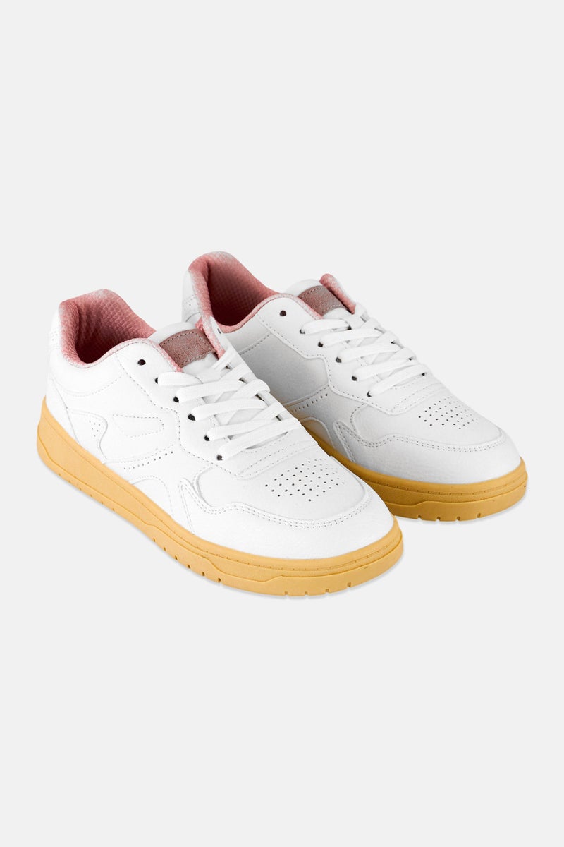 Algspar Women Leather Lace Up Casual Shoes, White - Image 1