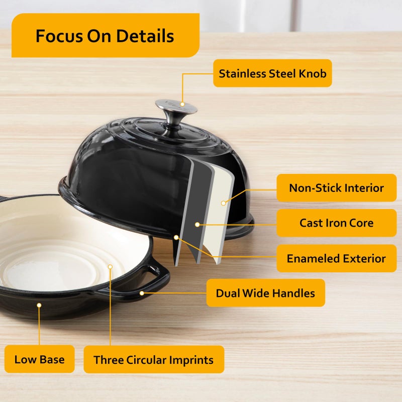 Velaze Enameled Cast Iron Dutch Oven for Bread Baking,5 QT Round Bread Oven Pot with Dome Lid for Sourdough, Roasting,Braising(Black) - Image 4