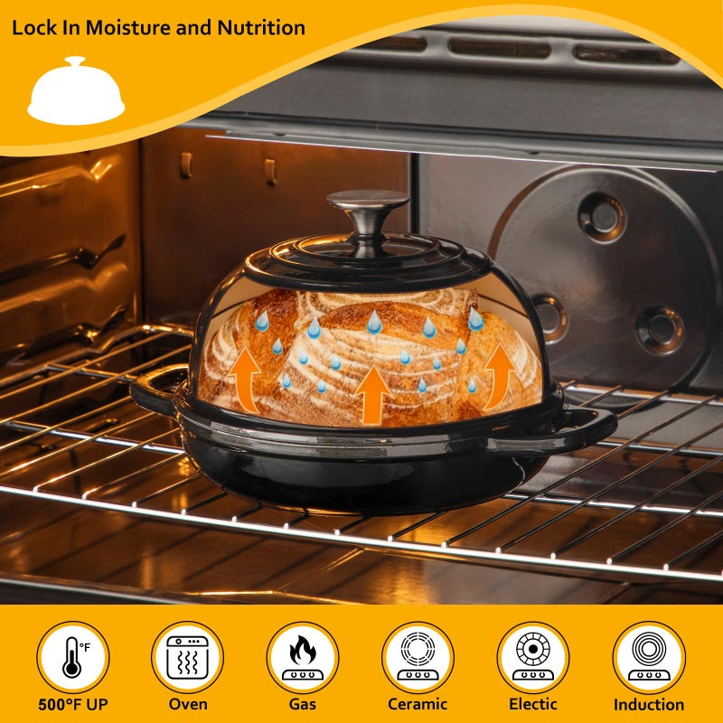 Velaze Enameled Cast Iron Dutch Oven for Bread Baking,5 QT Round Bread Oven Pot with Dome Lid for Sourdough, Roasting,Braising(Black) - Image 3