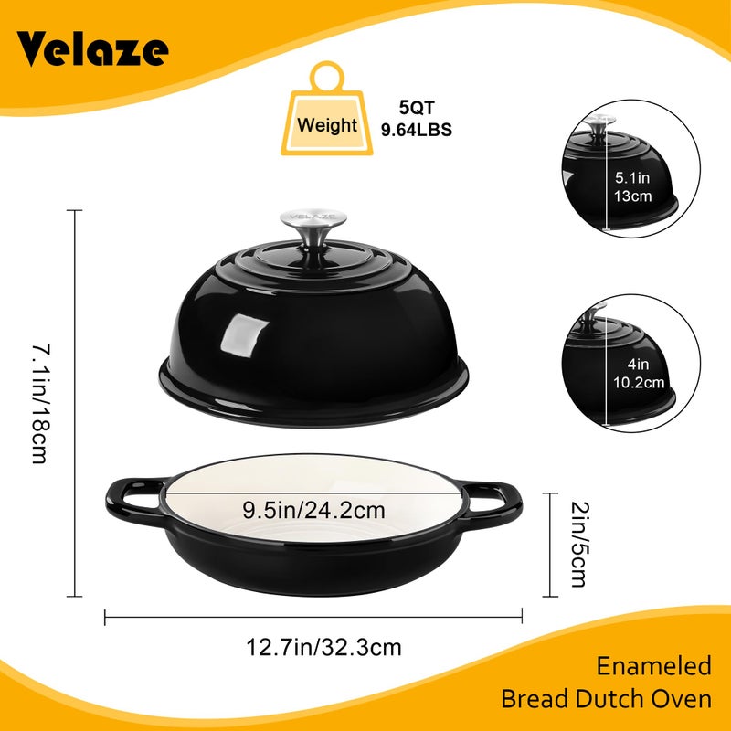 Velaze Enameled Cast Iron Dutch Oven for Bread Baking,5 QT Round Bread Oven Pot with Dome Lid for Sourdough, Roasting,Braising(Black) - Image 2