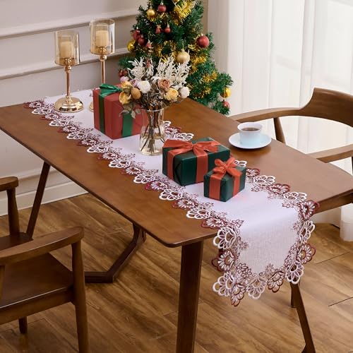Raedan White Dark Red Jacquard Lace Table Runner 72 inches Long, Claret Dresser Scarf Table Topper for Kitchen Coffee Table Wedding Party Home Decor (Floral Dark Red, 16”x72”) - Image 2