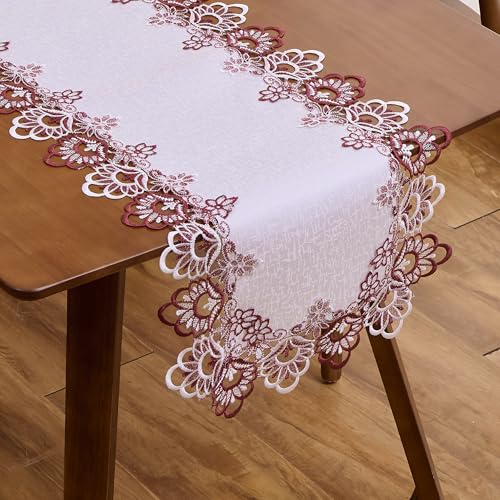 Raedan White Dark Red Jacquard Lace Table Runner 72 inches Long, Claret Dresser Scarf Table Topper for Kitchen Coffee Table Wedding Party Home Decor (Floral Dark Red, 16”x72”) - Image 1
