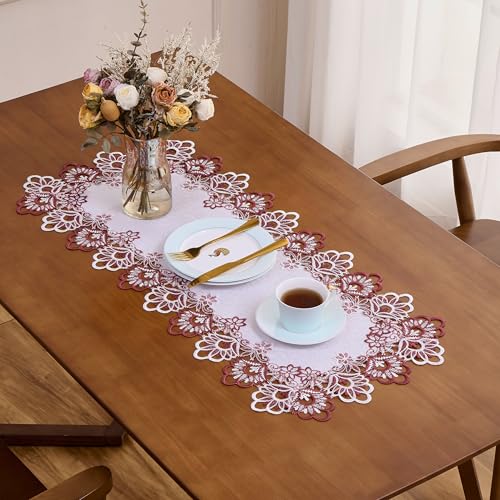 Raedan White Dark Red Jacquard Lace Table Runner 72 inches Long, Claret Dresser Scarf Table Topper for Kitchen Coffee Table Wedding Party Home Decor (Floral Dark Red, 16”x72”) - Image 4