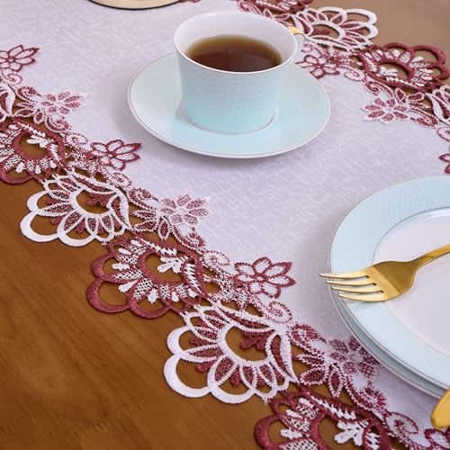 Raedan White Dark Red Jacquard Lace Table Runner 72 inches Long, Claret Dresser Scarf Table Topper for Kitchen Coffee Table Wedding Party Home Decor (Floral Dark Red, 16”x72”) - Image 5