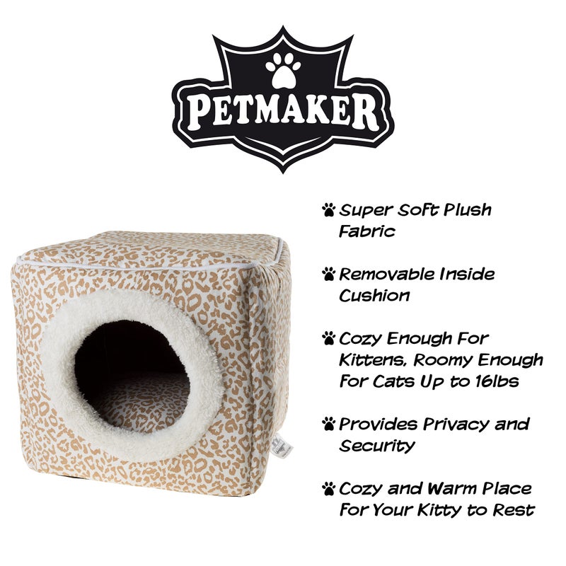PETMAKER Cat Pet Bed Cave- Indoor Enclosed Covered Cavern/House for Cats Kittens and Small Pets with Removable Cushion Pad by PETMAKER, Tan/White Animal Print 13x12x12 - Image 4