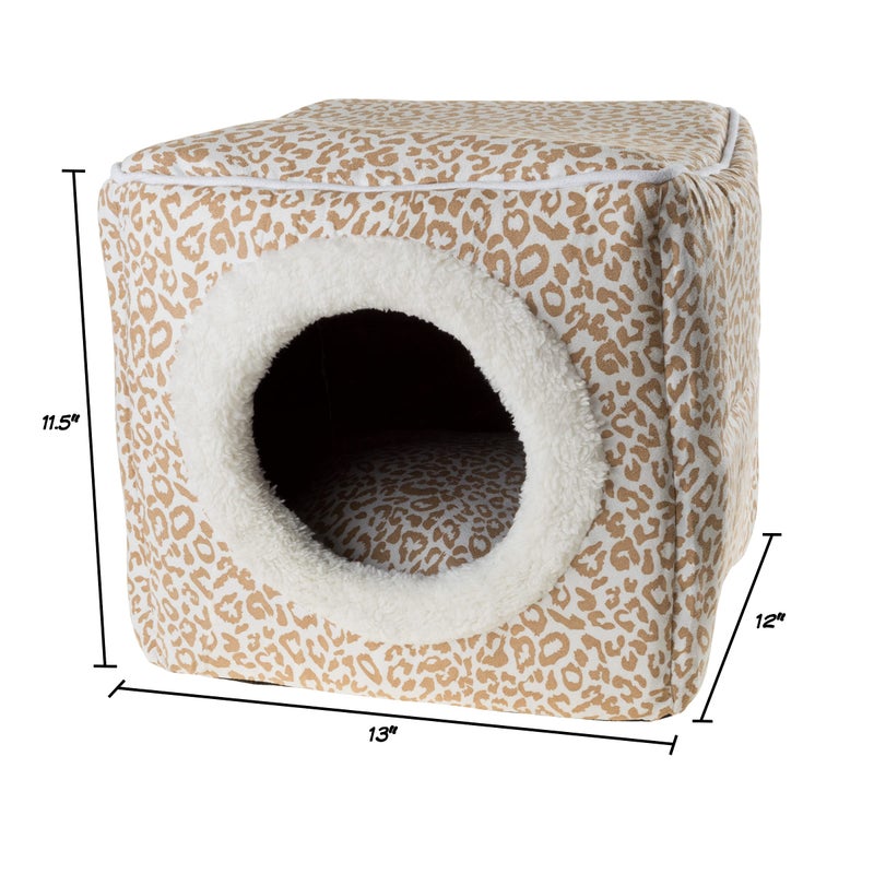 PETMAKER Cat Pet Bed Cave- Indoor Enclosed Covered Cavern/House for Cats Kittens and Small Pets with Removable Cushion Pad by PETMAKER, Tan/White Animal Print 13x12x12 - Image 3