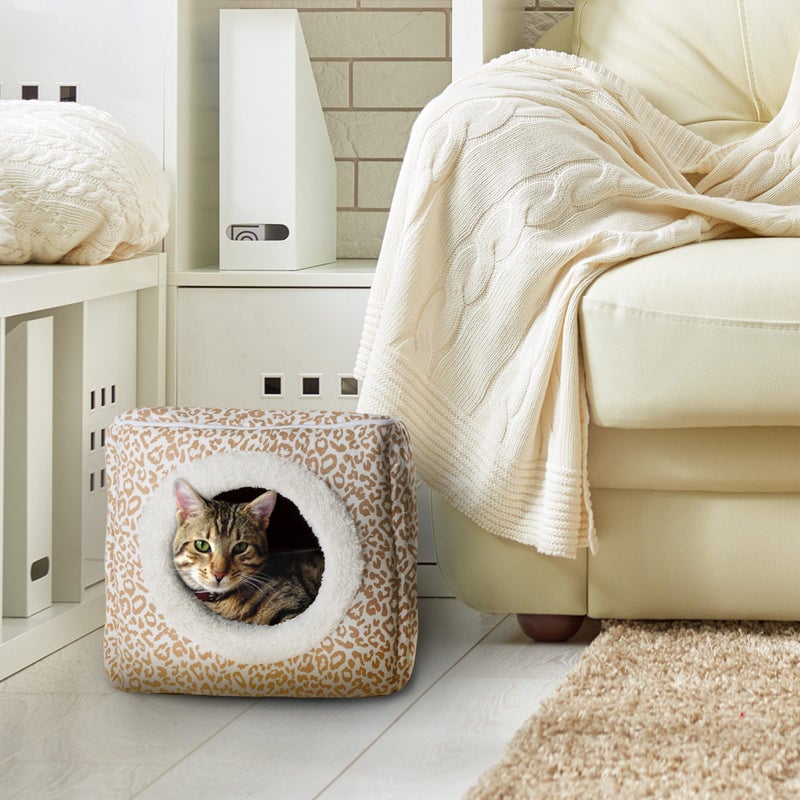 PETMAKER Cat Pet Bed Cave- Indoor Enclosed Covered Cavern/House for Cats Kittens and Small Pets with Removable Cushion Pad by PETMAKER, Tan/White Animal Print 13x12x12 - Image 2